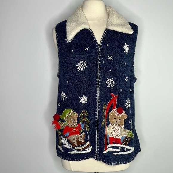 Kikit Teddy Bear cute navy blue Christmas Sweater Vest Holiday Cardigan large - Picture 2 of 11